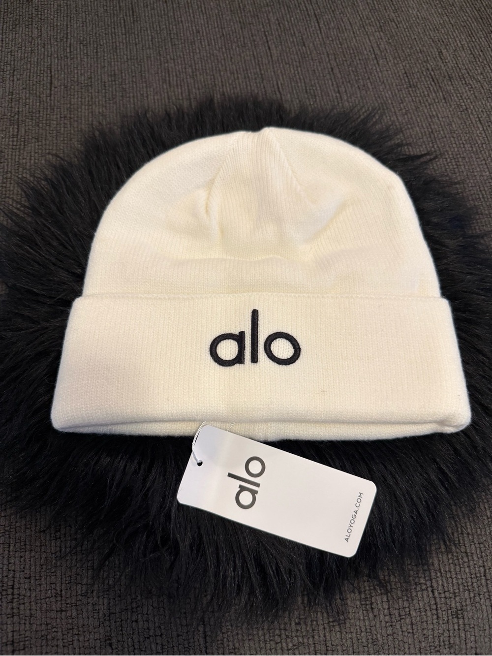 ALO Yoga Cream Knit Beanie with Black Logo